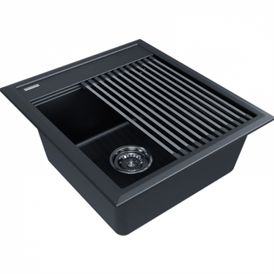 Мойка гранитная Paulmark STEPIA 45, мойка, гранит, черный металлик + STEP, ролл-мат, брашированная нержавеющая сталь pm114651-blm+r375-bs