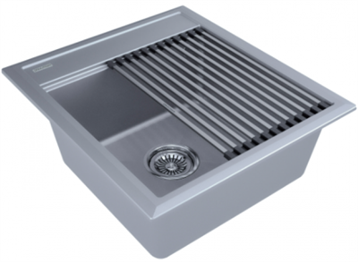 Мойка гранитная Paulmark STEPIA 45, мойка, гранит, серый металлик + STEP, ролл-мат, брашированная нержавеющая сталь pm114651-grm+r375-bs