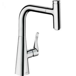 Смеситель Hansgrohe Metris Select 73802000, для кухонной мойки, с вытяжным изливом, цвет хром 73802000
