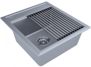 Мойка гранитная Paulmark STEPIA 45, мойка, гранит, серый металлик + STEP, ролл-мат, брашированная нержавеющая сталь pm114651-grm+r375-bs